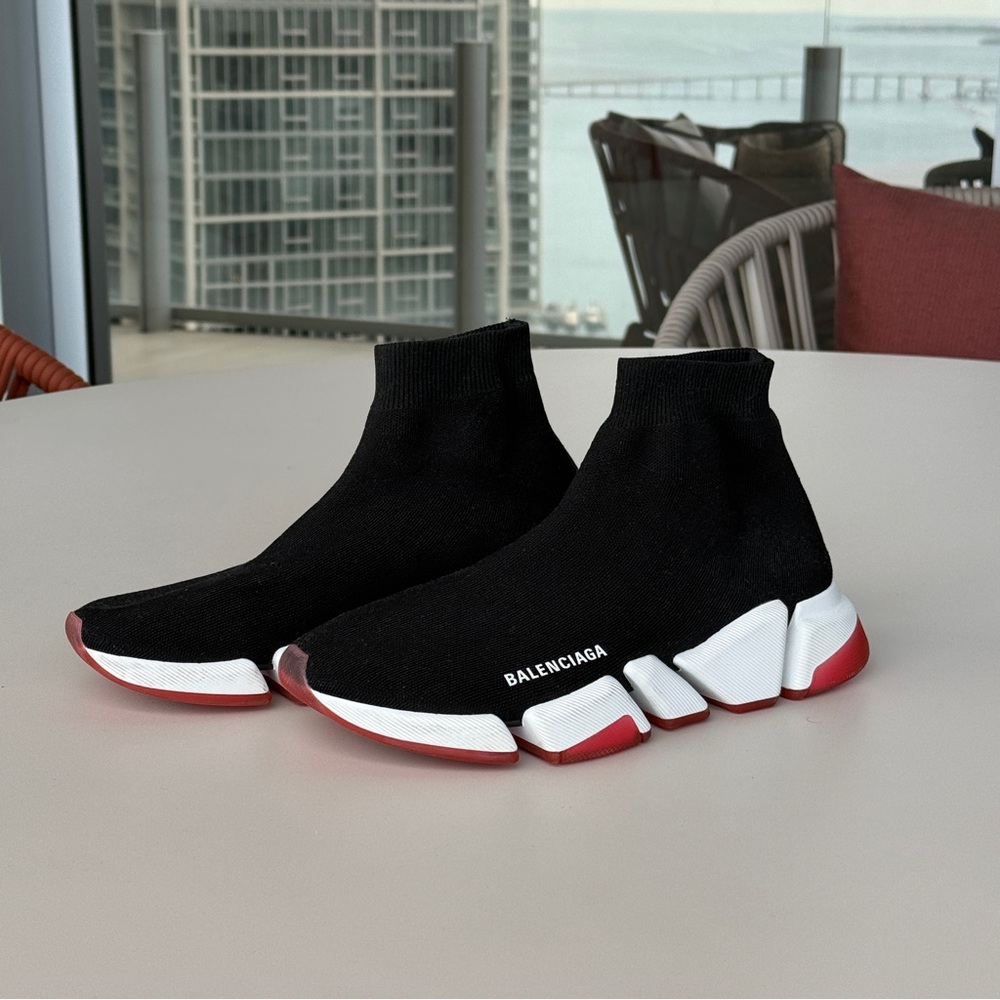 Balenciaga Speed Trainer Knit Sock Sneakers Black White Red Sole Men’s